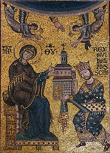 Guglielmo II dedica la Cattedrale__ di Monreale alla Vergine, mosaico del Duomo di Monreale.JPG